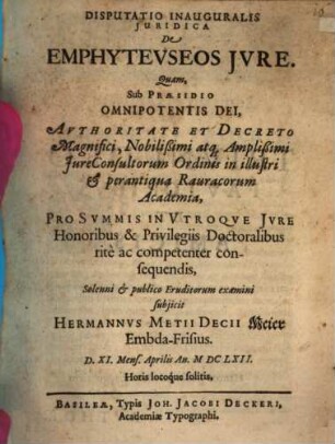 Disputatio Inauguralis Juridica De Emphytevseos Jvre