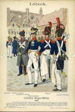 Uniformdarstellung, Gemeine und Offiziere der Infanterie, Gemeiner und Unteroffizier der Sappeure des Bürger-Militärs, Freie Reichsstadt Lübeck, 1831.