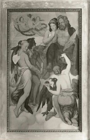 Amor und Psyche vor Jupiter und Hera : Amor und Psyche vor Jupiter und Hera, Freskenzyklus (M. v. Schwind) im Gartenpavillon des Gutshofes, Rüdigsdorf