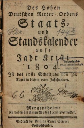 Des Hohen Deutschen Ritterordens Staatskalender : für d. Jahr ... 1804