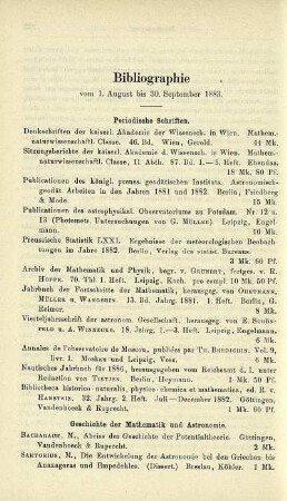 Bibliographie vom 1. August bis 30. September 1883.