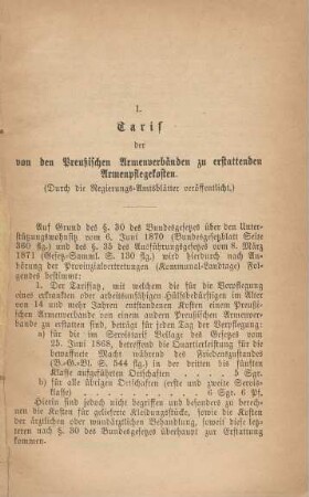 I. Tarif der von den Preußischen Armenverbänden zu erstattenden Armenpflegekosten
