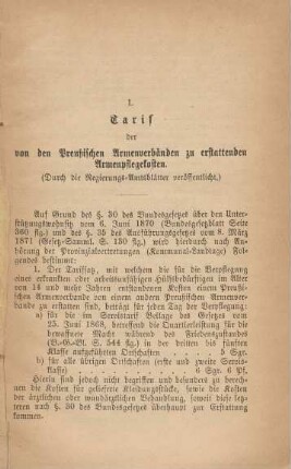 I. Tarif der von den Preußischen Armenverbänden zu erstattenden Armenpflegekosten