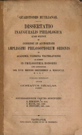 Quaestiones Rutilianae : Diss. philol. inaug.