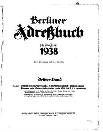 Berliner Adreßbuch für das Jahr 1938 Dritter Band