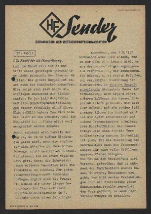 'HF-Sender' [Flugblatt], Nr.22/1953 (1. August 1953)