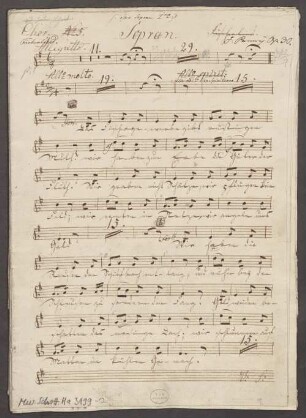 Fischerlied, T, Coro, orch, op. 30, E-Dur - BSB Mus.Schott.Ha 3199-2 : [heading at left, Coro S:] Chor: [crossed out: N|o 5.] // Fischerlied. [at right:] [crossed out: Fischerlied.] // J: Pannÿ Op. 30.