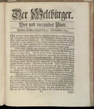 Vier und vierzigstes Blatt. Berlin, Donnerstags den 30. November 1741.