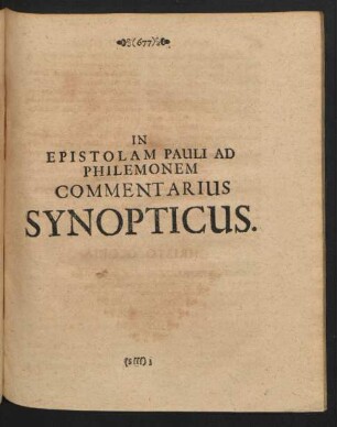 In Epistolam Pauli Ad Philemonem Commentarius Synopticus.