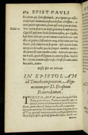 In Epistolam ad Timotheum priorem, Argumentum per D. Erasmum Roterodamum.