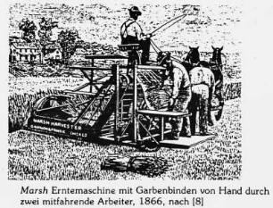 Marsh Erntemaschine mit Garbenbinden von Hand durch zwei mitfahrende Arbeiter (nach 8)