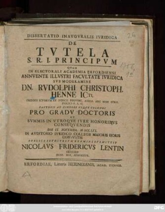 Dissertatio Inavgvralis Ivridica De Tvtela S. R. I. Principvm