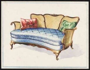 Sofa mit geflochtener Rückenlehne und Seitenlehnen, Sitzfläche gepolstert, gesteppt mit Zierknöpfen, Holzgestell mit Ornamenten, zwei lose Kissen