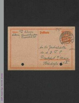 Postkarte von Th[eodora] Clasen an die Zentralstelle für Gemeindeämter der Frau