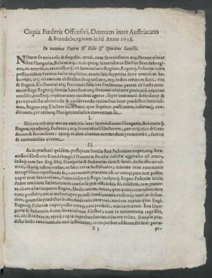 Copia Foederis Offensivi, Domum inter Austriacam & Brandeburgicam initi Anno 1658.