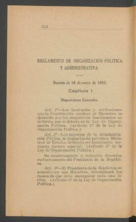 Reglamento de organización política y administrativa : Decreto de 10 de enero de 1903.