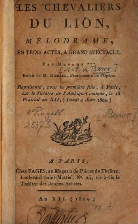 Les chevaliers du lion : mélodrame, en trois actes, à grand spectacle