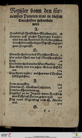 Register vonn den fuernemsten Puncten was in diesem Catechismo gehandelt wirt