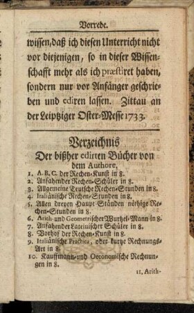 Verzeichnis der bißher edirten Bücher von dem Authore.