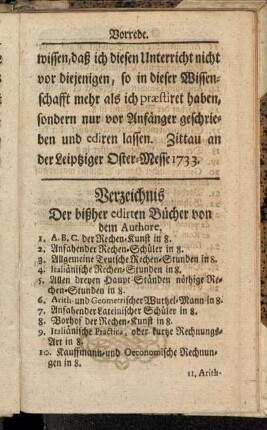 Verzeichnis der bißher edirten Bücher von dem Authore.