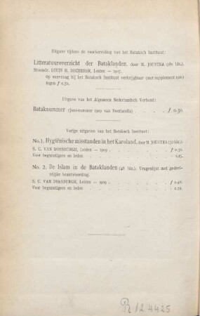 Uitgave tijdens de voorbereiding van het Bataksch Instituut: Litteratuuroverzicht der Bataklanden ...