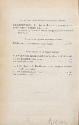Uitgave tijdens de voorbereiding van het Bataksch Instituut: Litteratuuroverzicht der Bataklanden ...