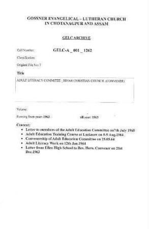 ADULT LITERACY COMMITTEE BIHAR CHRISTIAN COUNCIL (CONVENER)