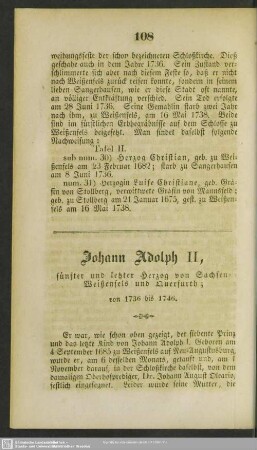 Johann Adolph II, fünfter und letzter Herzog von Sachsen-Weißenfels und Querfurth; von 1736 bis 1748