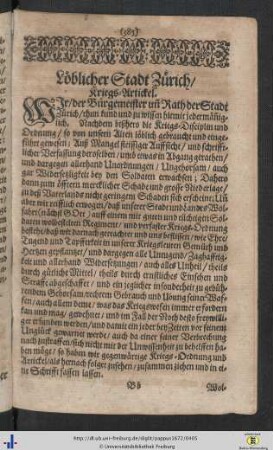 Loeblicher Stadt Zuerich Kriegs-Artickel (Schweitzerisches Kriegs-Recht).
