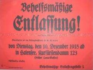 Maueranschlag mit der Ankündigung der Entlassung ausgewählter "Mannschaften" der früheren Luna-Kaffee-Werke