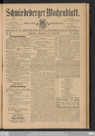 Schmiedeberger Wochenblatt, No 85 Schmiedeberg, Mittwoch den 26. Oktober 1898