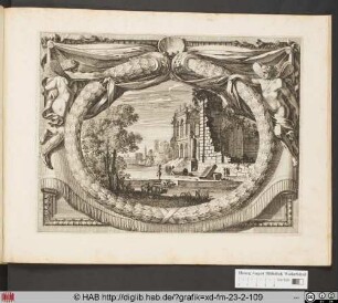 Paysage avec des ruines de constructions antiques.