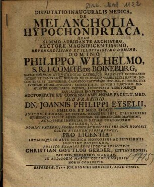 Disputatio Inauguralis Medica, De Melancholia Hypochondriaca