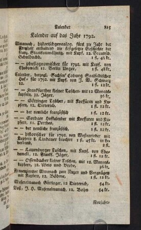 815, Kalender auf das Jahr 1792
