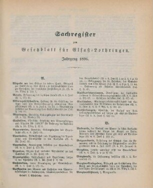 Sachregister zum Gesetzblatt für Elsaß-Lothringen Jahrgang 1896
