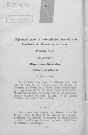 Règlement pour le vote plébiscitaire dans le Territoire du Bassin de la Sarre du 7 juillet 1934