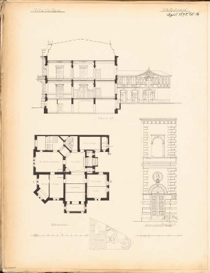 Villa, Gera Monatskonkurrenz April 1878: Lageplan, Grundriss Keller, Querschnitt, Aufriss Fassadenmodul (mit Straßeneingang); 2 Maßstabsleisten