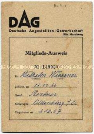 Mitgliedsausweis der Deutschen Angestellten-Gewerkschaft DAG