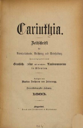 Carinthia : Zeitschrift für Vaterlandskunde, Belehrung u. Unterhaltung. 73. 1883