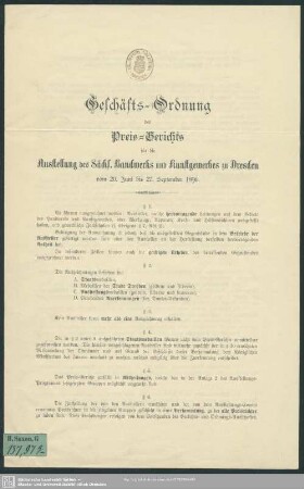 Geschäftsordnung des Preis-Gerichts für die Ausstellung des Sächs. Handwerks und Kunstgewerbes zu Dresden vom 20. Juni – 27. Sept 1896