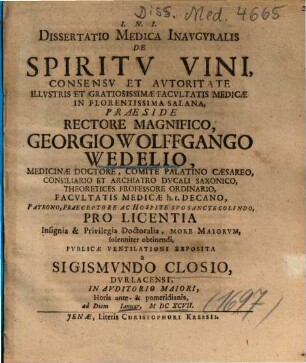 Dissertatio Medica Inavgvralis De Spiritv Vini