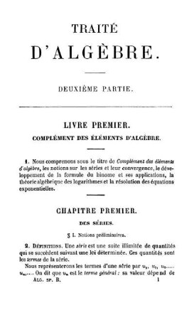 Deuxième Partie. Livre Premier. Complément des Éléments d'Algèbre.