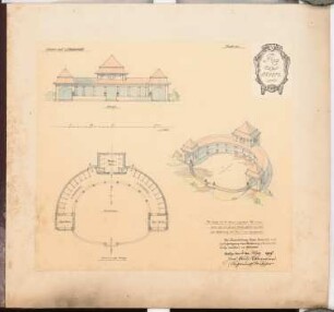 Erziehungsheim Schinkelwettbewerb 1909: Sonnen- und Luftbadeanstalt. Ansicht, Grundriss, perspektivische Ansicht (Vogelschau) 1:150