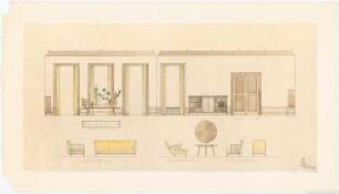 Wohnhaus Ompteda, Berlin-Dahlem Umbau: Wandansicht, Möbelentwürfe (Sessel, Liegesessel, Sofa, Tische)