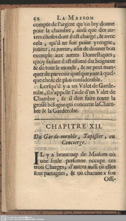 Chap. XII. Du Gar de-meuble, Tapissier, ou Concierge