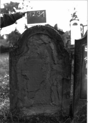 Grabstein 1231 (Index: 100104425) Material: Sandstein Zustand: völlig verwittert Maße HxBxT: 115x70x8 cm Beschreibung: Stele mit Konvexbogenabschluss, Schriftfeld eingetieft: Grabstein 1231