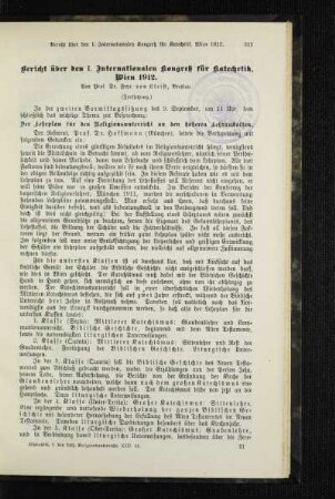 Bericht über den I. Internationalen Kongreß für Katechetik, Wien 1912 : (Fortsetzung)