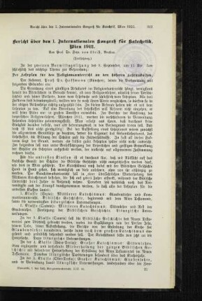 Bericht über den I. Internationalen Kongreß für Katechetik, Wien 1912 : (Fortsetzung)