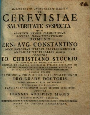 Diss. inaug. med. de cerevisiae salubritate suspecta