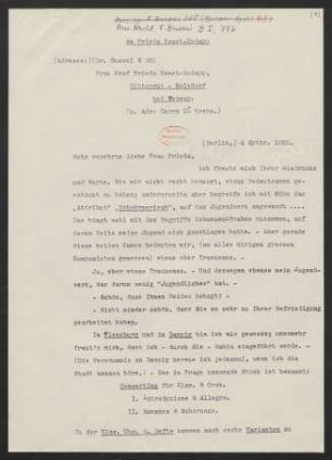 Brief an Frieda Kwast-Hodapp, 04.09.1922